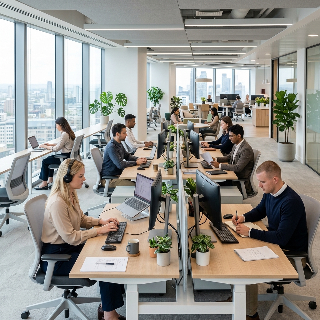 Office workers at their desks in a modern open-plan workspace showing a quiet work environment